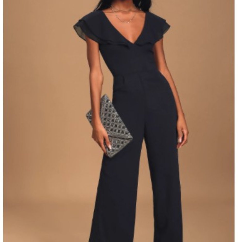 Navy Blue Ruffled Wide-Leg Jumpsuit